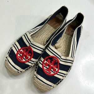 Tory Burch navy tan and red canvas espadrille flats
